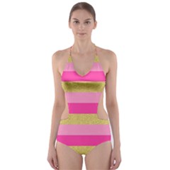 Pink Line Gold Red Horizontal Cut-out One Piece Swimsuit by Mariart