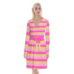 Pink Line Gold Red Horizontal Long Sleeve Velvet Front Wrap Dress