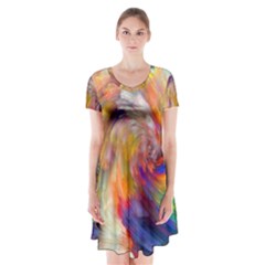 Rainbow Color Splash Short Sleeve V-neck Flare Dress