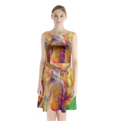 Rainbow Color Splash Sleeveless Waist Tie Chiffon Dress