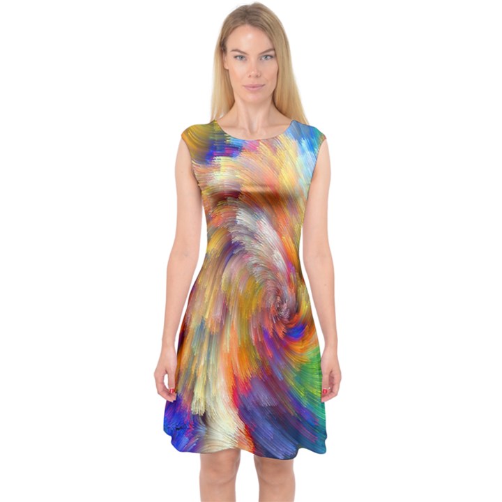 Rainbow Color Splash Capsleeve Midi Dress