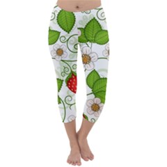 Strawberry Fruit Leaf Flower Floral Star Green Red White Capri Winter Leggings 