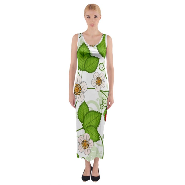 Strawberry Fruit Leaf Flower Floral Star Green Red White Fitted Maxi Dress