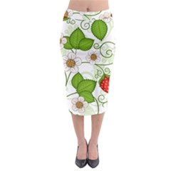 Strawberry Fruit Leaf Flower Floral Star Green Red White Midi Pencil Skirt by Mariart