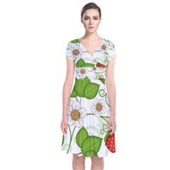 Strawberry Fruit Leaf Flower Floral Star Green Red White Short Sleeve Front Wrap Dress by Mariart
