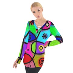 Digitally Painted Colourful Abstract Whimsical Shape Pattern Women s Tie Up Tee