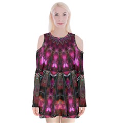 Pink Vortex Half Kaleidoscope  Velvet Long Sleeve Shoulder Cutout Dress by KirstenStar