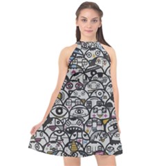 Alien Crowd Pattern Halter Neckline Chiffon Dress 