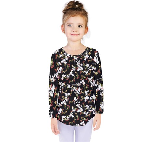 Dark Chinoiserie Floral Collage Pattern Kids  Long Sleeve Tee by dflcprintsclothing