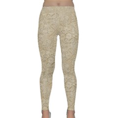 Old Floral Crochet Lace Pattern Beige Bleached Classic Yoga Leggings by EDDArt