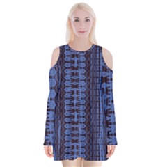 Wrinkly Batik Pattern   Blue Black Velvet Long Sleeve Shoulder Cutout Dress