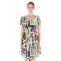 Colorful Retro Style Letters Numbers Stars Short Sleeve V-neck Flare Dress by EDDArt