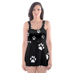 Footprints Cat White Black Skater Dress Swimsuit by EDDArt