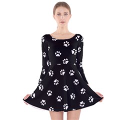 Footprints Cat White Black Long Sleeve Velvet Skater Dress by EDDArt