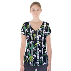 Satisfied And Happy Panda Babies On Bamboo Short Sleeve Front Detail Top