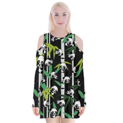 Satisfied And Happy Panda Babies On Bamboo Velvet Long Sleeve Shoulder Cutout Dress by EDDArt