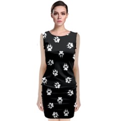 Footprints Dog White Black Sleeveless Velvet Midi Dress by EDDArt