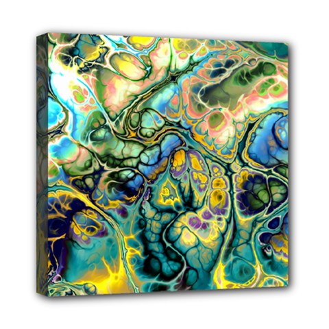 Flower Power Fractal Batik Teal Yellow Blue Salmon Mini Canvas 8  X 8  by EDDArt