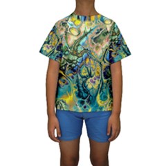 Flower Power Fractal Batik Teal Yellow Blue Salmon Kids  Short Sleeve Swimwear by EDDArt