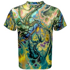 Flower Power Fractal Batik Teal Yellow Blue Salmon Men s Cotton Tee by EDDArt