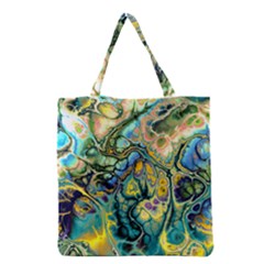 Flower Power Fractal Batik Teal Yellow Blue Salmon Grocery Tote Bag by EDDArt