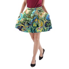 Flower Power Fractal Batik Teal Yellow Blue Salmon A-line Pocket Skirt by EDDArt