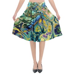 Flower Power Fractal Batik Teal Yellow Blue Salmon Flared Midi Skirt by EDDArt