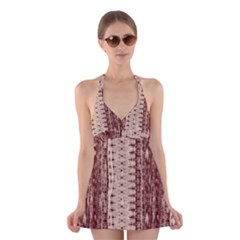 Wrinkly Batik Pattern Brown Beige Halter Swimsuit Dress by EDDArt