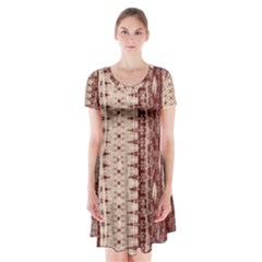 Wrinkly Batik Pattern Brown Beige Short Sleeve V-neck Flare Dress by EDDArt