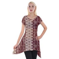 Wrinkly Batik Pattern Brown Beige Short Sleeve Side Drop Tunic