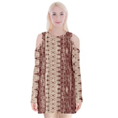 Wrinkly Batik Pattern Brown Beige Velvet Long Sleeve Shoulder Cutout Dress by EDDArt