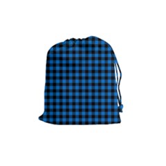 Lumberjack Fabric Pattern Blue Black Drawstring Pouches (medium)  by EDDArt