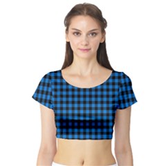 Lumberjack Fabric Pattern Blue Black Short Sleeve Crop Top (tight Fit) by EDDArt