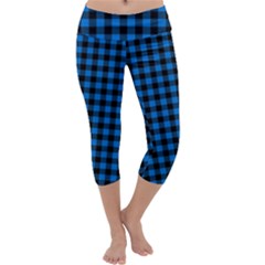 Lumberjack Fabric Pattern Blue Black Capri Yoga Leggings by EDDArt