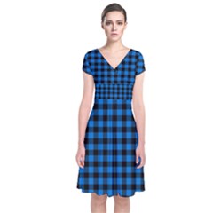 Lumberjack Fabric Pattern Blue Black Short Sleeve Front Wrap Dress by EDDArt