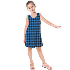 Lumberjack Fabric Pattern Blue Black Kids  Sleeveless Dress by EDDArt