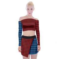 Lumberjack Fabric Pattern Blue Red Black Off Shoulder Top With Skirt Set by EDDArt