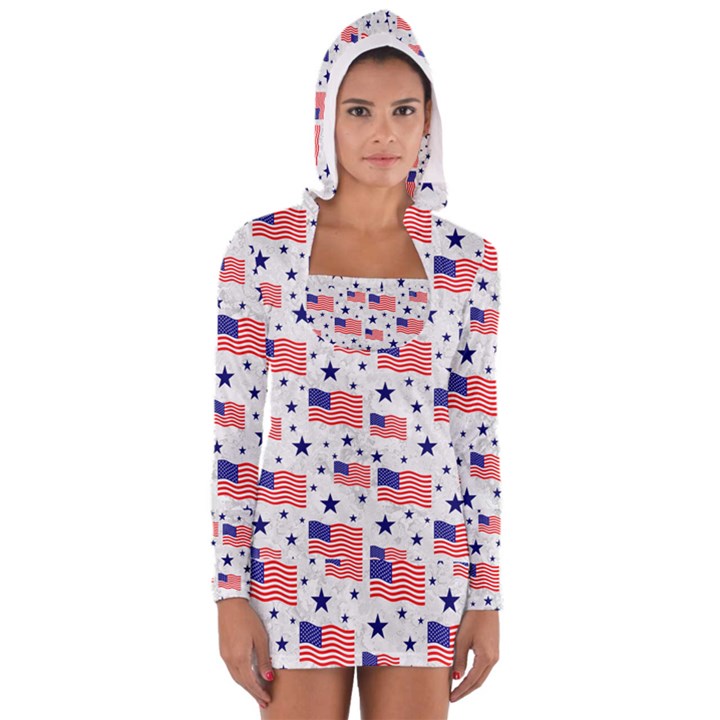 Flag Of The Usa Pattern Women s Long Sleeve Hooded T-shirt