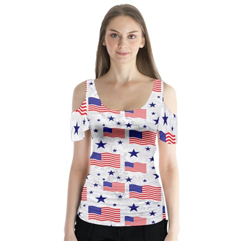Flag Of The Usa Pattern Butterfly Sleeve Cutout Tee  by EDDArt