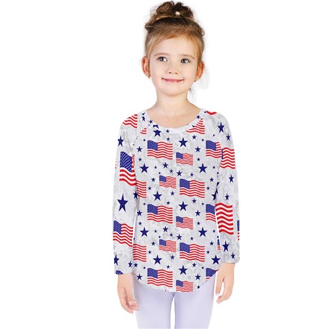 Flag Of The Usa Pattern Kids  Long Sleeve Tee by EDDArt