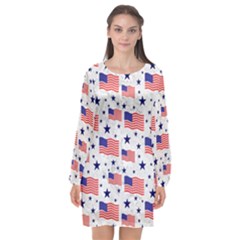 Flag Of The Usa Pattern Long Sleeve Chiffon Shift Dress 