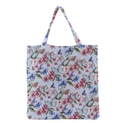 Watercolor Flowers Butterflies Pattern Blue Red Grocery Tote Bag by EDDArt