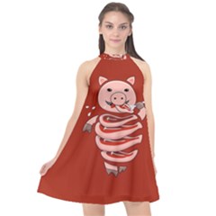 Red Stupid Self Eating Gluttonous Pig Halter Neckline Chiffon Dress  by CreaturesStore