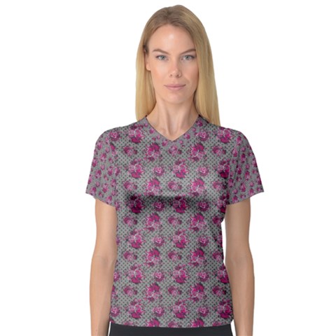 Floral Pattern Women s V-neck Sport Mesh Tee by ValentinaDesign