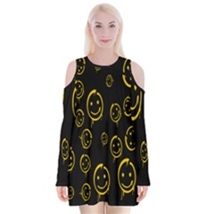 Face Smile Bored Mask Yellow Black Velvet Long Sleeve Shoulder Cutout Dress