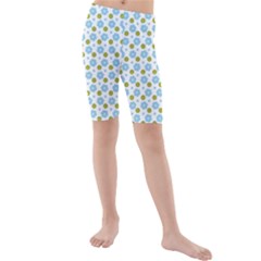 Blue Yellow Star Sunflower Flower Floral Kids  Mid Length Swim Shorts