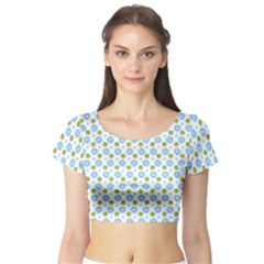 Blue Yellow Star Sunflower Flower Floral Short Sleeve Crop Top (tight Fit) by Mariart