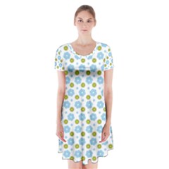 Blue Yellow Star Sunflower Flower Floral Short Sleeve V-neck Flare Dress