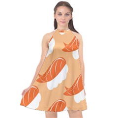 Fish Eat Japanese Sushi Halter Neckline Chiffon Dress 