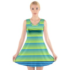 Line Horizontal Green Blue Yellow Light Wave Chevron V-neck Sleeveless Skater Dress by Mariart